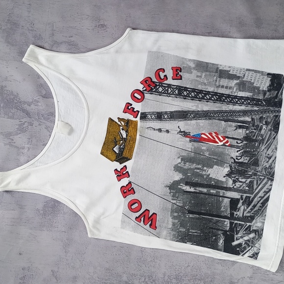 VINTAGE 90s Work Force Steel Workers Big Print Muscle Shirt - Picture 2 of 7